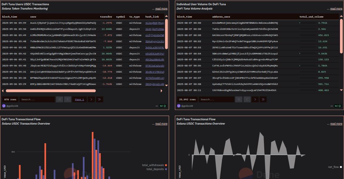 DeFi Tuna USDC transaction analysis showing detailed user volume tracking and transactional flow monitoring